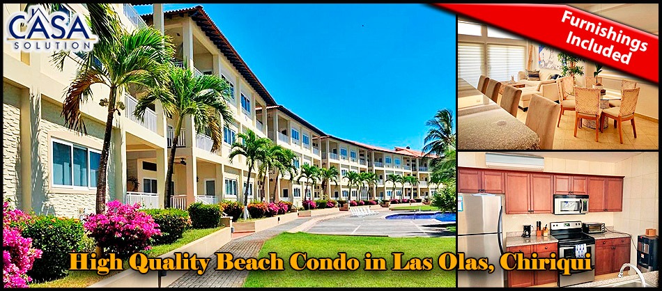 Beautiful High Quality Ocean View 3 Bedroom Ground Floor Beach Condo for Sale in Las Olas, Chiriqui, Panama – Includes Furnishings!