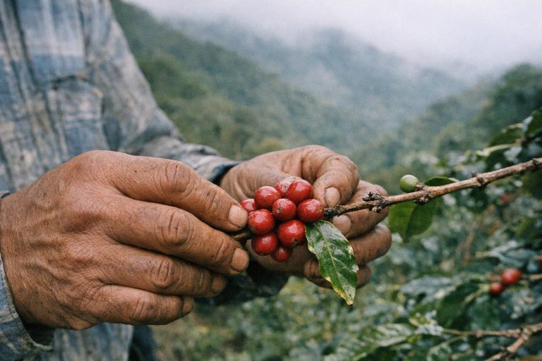 Close-up of ripe coffee cherries being harvested on a highland farm near Boquete, Panama
