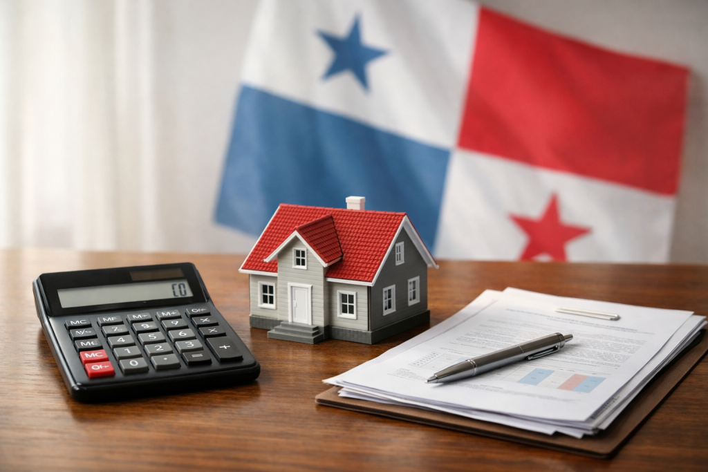 A calculator, model house, and documents representing Panama property tax planning
