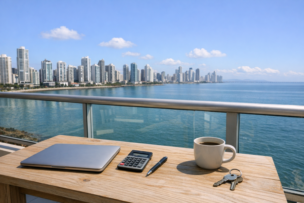 Sunny balcony view over the Bay of Panama and Panama City skyline with a laptop, calculator and house keys on a table