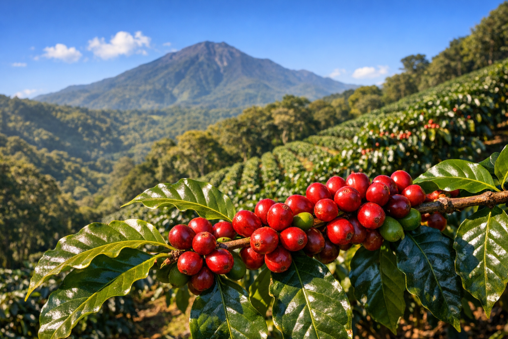 Ripe red coffee cherries on a sunny highland coffee farm in Boquete, Chiriqui, Panama