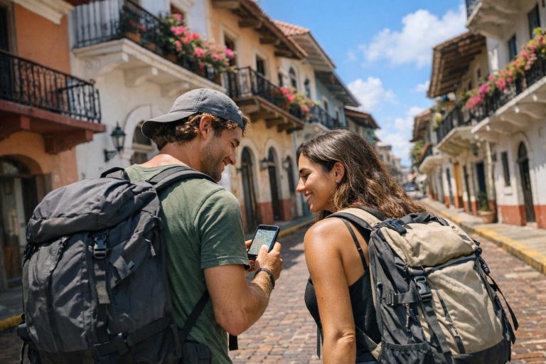 Two young backpackers walking down a sunny cobblestone street in Casco Viejo, Panama City