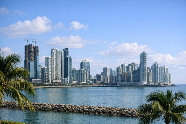 Panama City skyline with residential towers along the bay on a sunny day